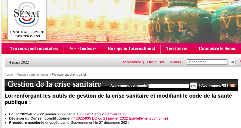 Capture du site du sénat - Loi renforçant les outils de gestion de la crise sanitaire